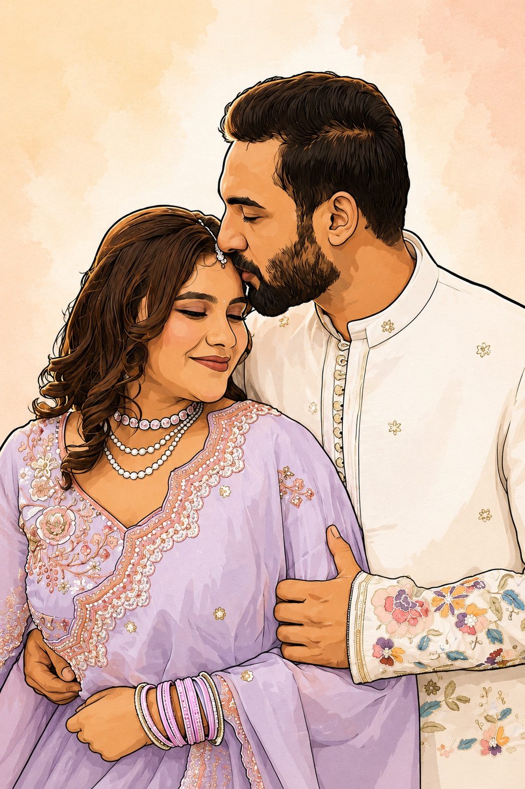 Illustrated portrait of Darpan kissing Helly's forehead